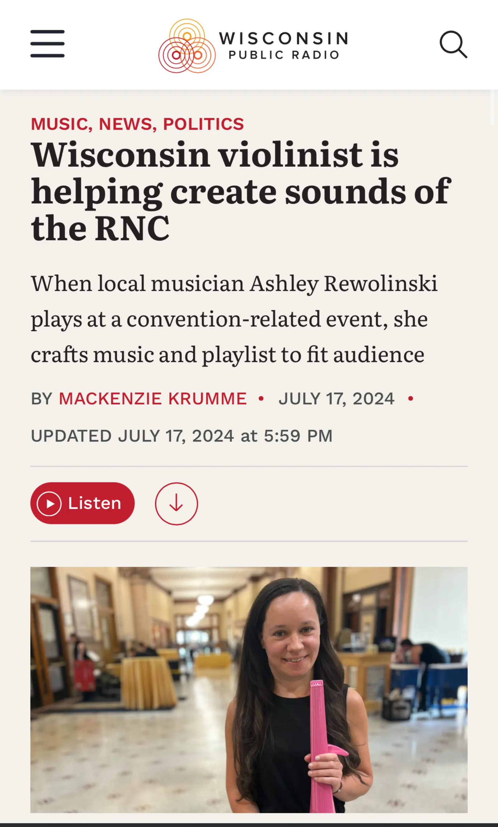 Wisconsin Public Radio article about Ashley's violin performances during the RNC